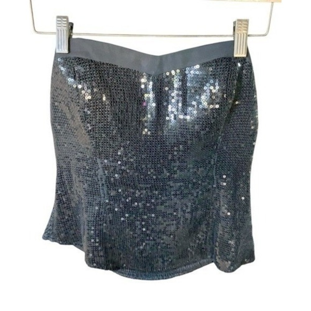 Womens Strapless Sequin Corset Top M Black Shimmer Smocked Back